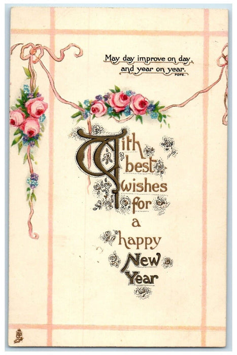 c1910's New Year Roses Flowers Embossed Tuck's Posted Antique Postcard