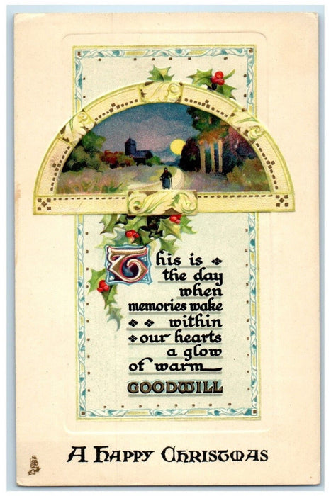 c1910's Christmas Message Church Moon Scene Berries Embossed Tuck's Postcard