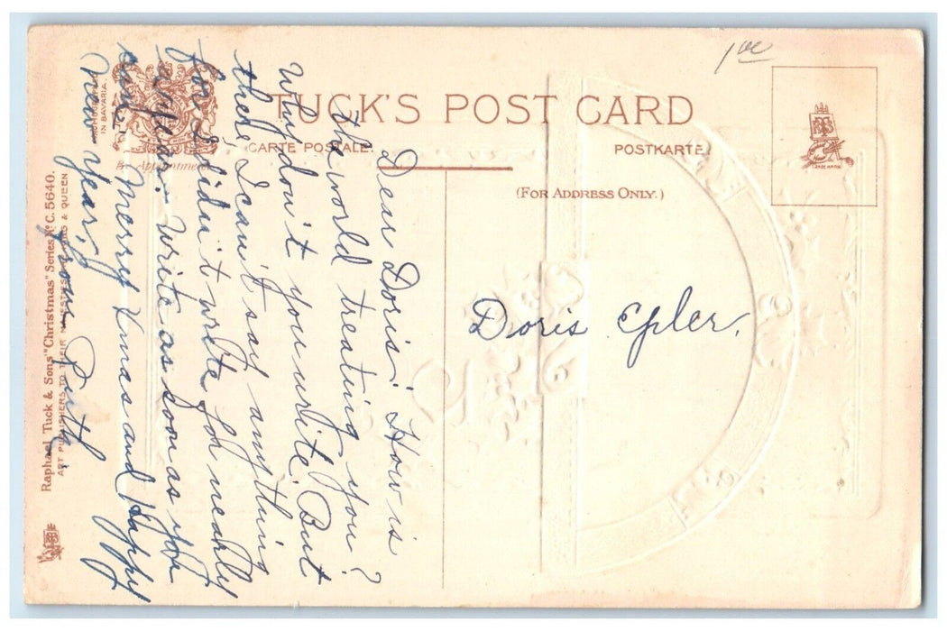 c1910's Christmas Message Church Moon Scene Berries Embossed Tuck's Postcard