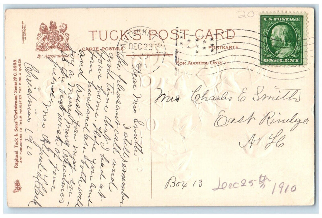 c1910's Christmas Message Ivy Leaf Birds Embossed Pawtucket RI Tuck's Postcard