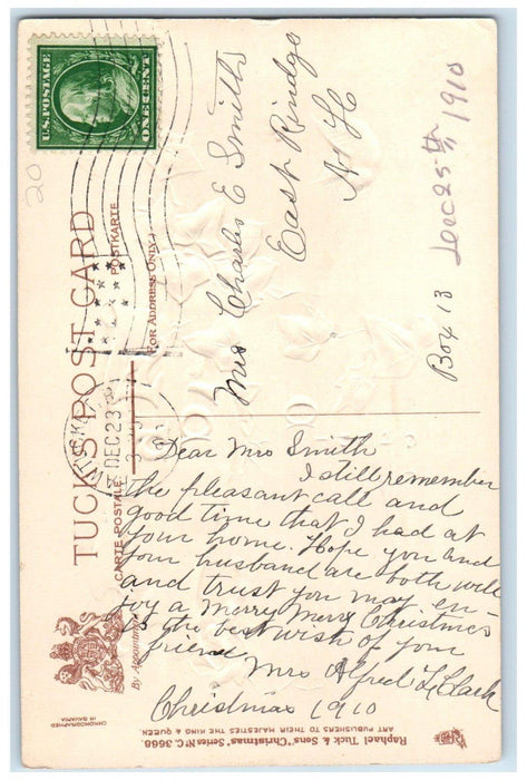 c1910's Christmas Message Ivy Leaf Birds Embossed Pawtucket RI Tuck's Postcard