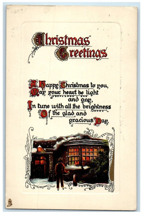 1910 Christmas Greetings House Scene Winter  Embossed Tuck's Antique Postcard