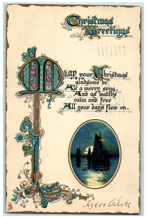 1910 Christmas Greetings Sailboat Moon Embossed Milwaukee WI Tuck's Postcard