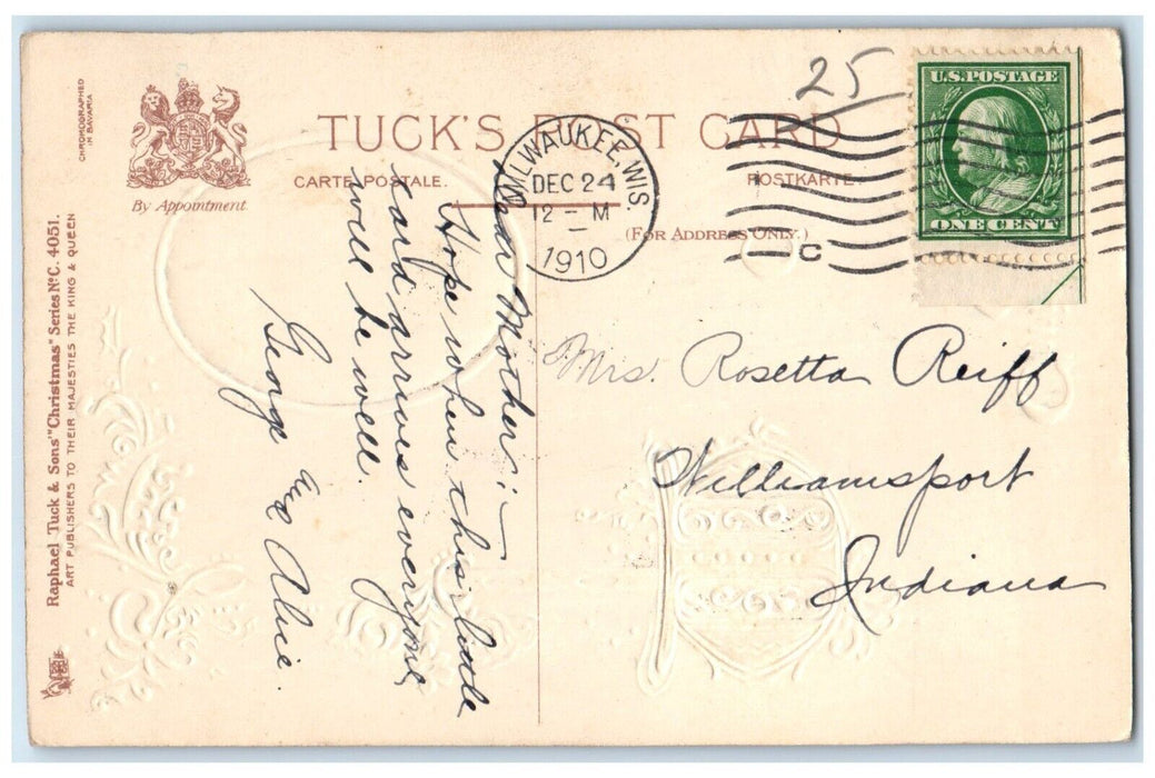 1910 Christmas Greetings Sailboat Moon Embossed Milwaukee WI Tuck's Postcard