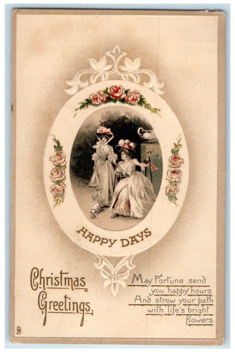 1912 Christmas Greetings Happy Days Girls Flowers Embossed Tuck's Postcard