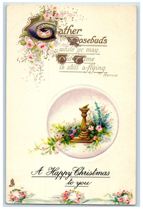 1917 Christmas Gather Rosebuds Flowers Embossed Posted Antique Tuck's Postcard