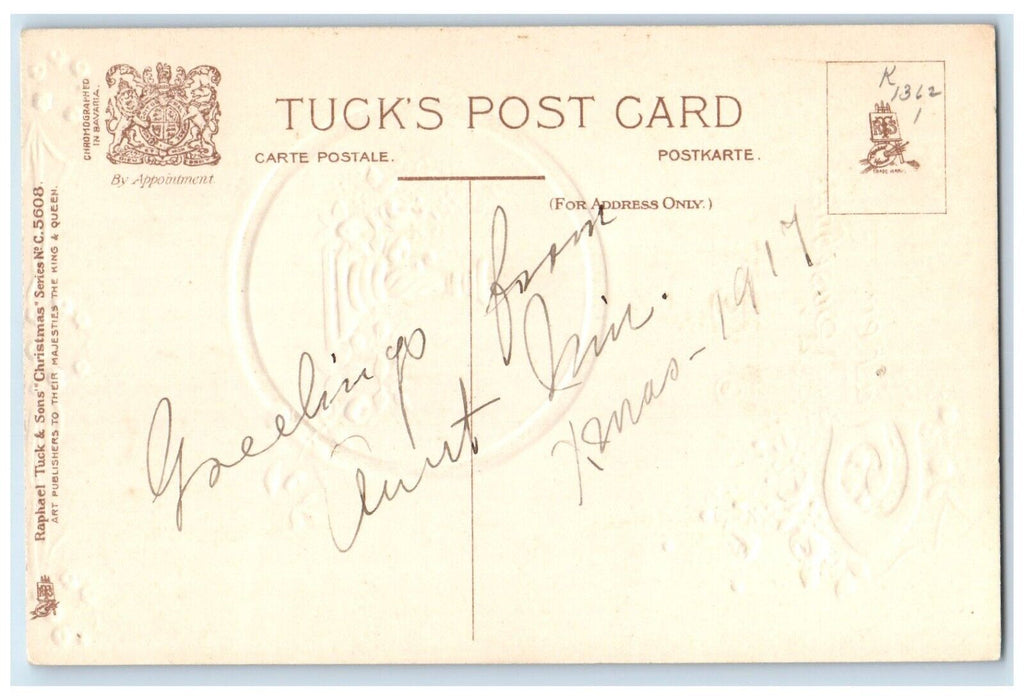 1917 Christmas Gather Rosebuds Flowers Embossed Posted Antique Tuck's Postcard