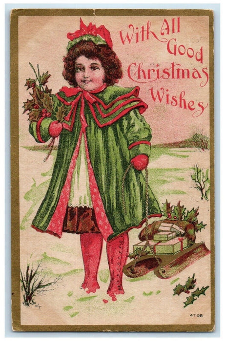 c1910's Christmas Wishes Girl With Gifts Winter Holly Berries Antique Postcard