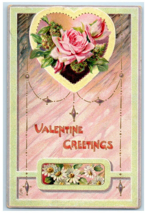 1914 Valentine Greetings Heart Flowers Embossed Tallmadge Ohio OH Postcard