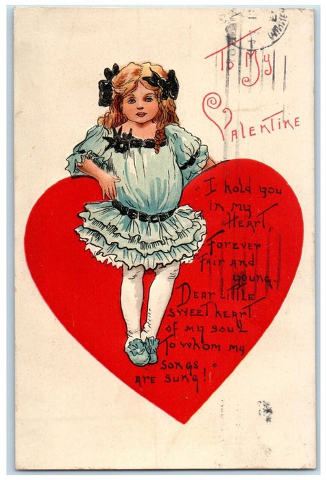1911 Valentine Girl Big Heart HBG Embossed Minneapolis Minnesota MN Postcard