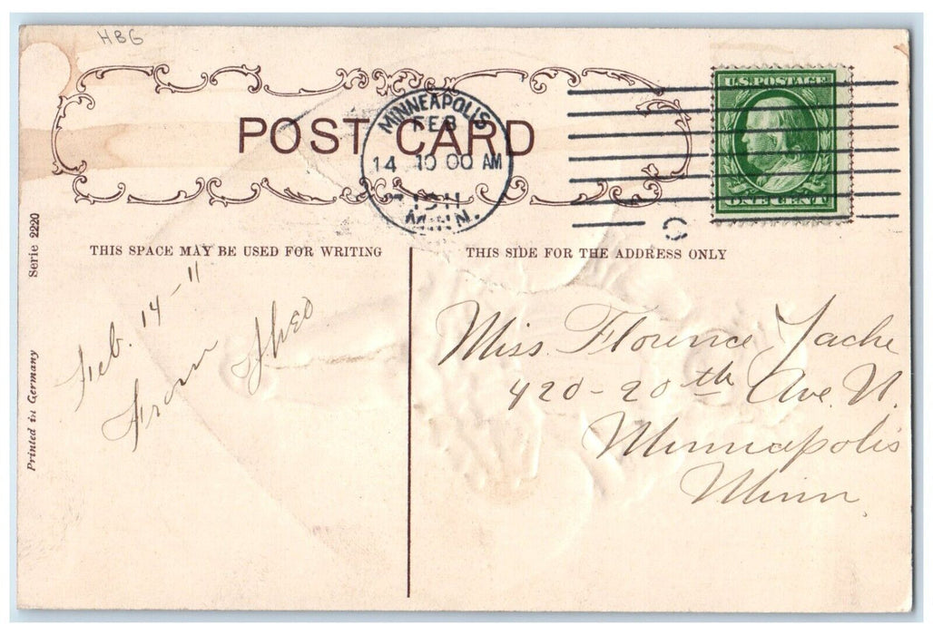 1911 Valentine Girl Big Heart HBG Embossed Minneapolis Minnesota MN Postcard