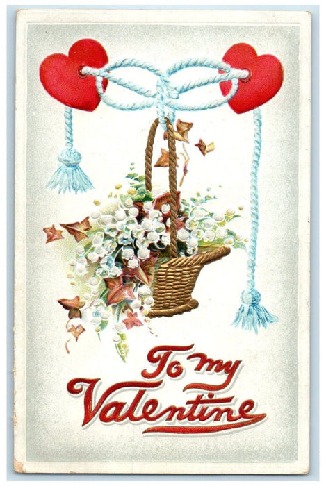 1914 Valentine Flowers In Basket Rope Flowers Embossed Posted Antique Postcard