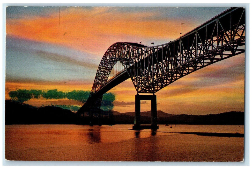 c1960's Sunset Behind The Thatcher Ferry Bridge Across Panama Canal Postcard