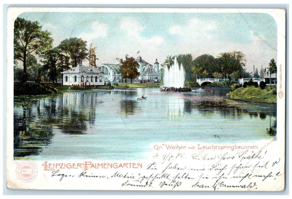 1905 Gr. Pond With Light Fountain Leipziger Palmengarten Germany Postcard