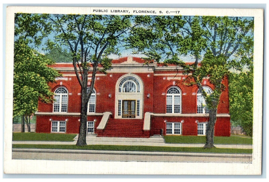 1946 Public Library Building Scene Street Florence South Carolina SC Postcard