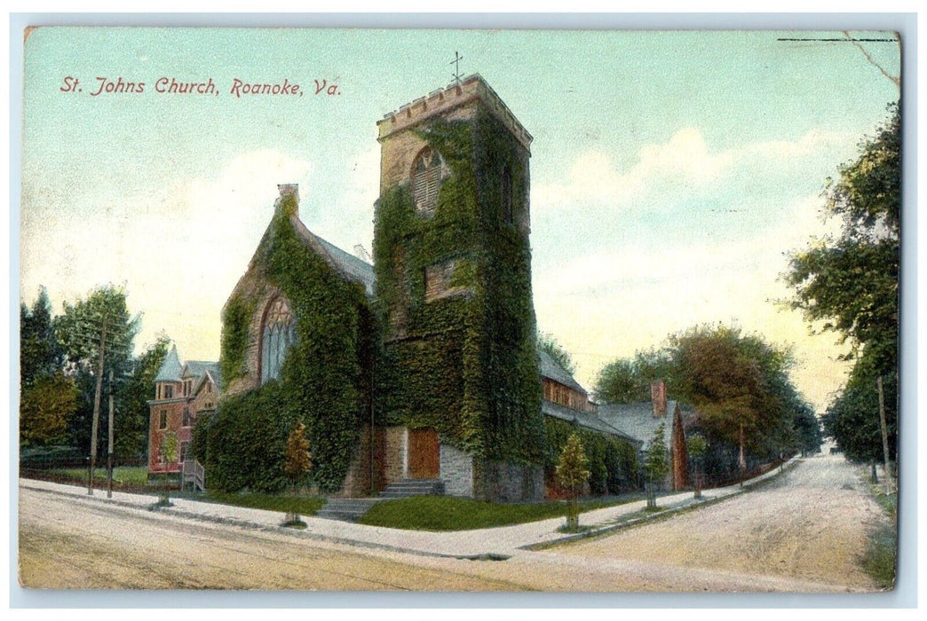 1908 St. Johns Church Scene Street Roanoke Virginia VA Posted Antique Postcard