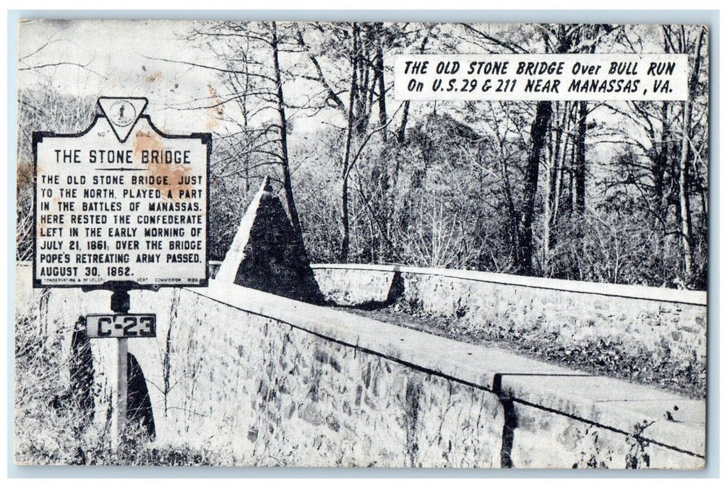 The Stone Bridge Over Bull Run Near Manassas Virginia VA Vintage Postcard