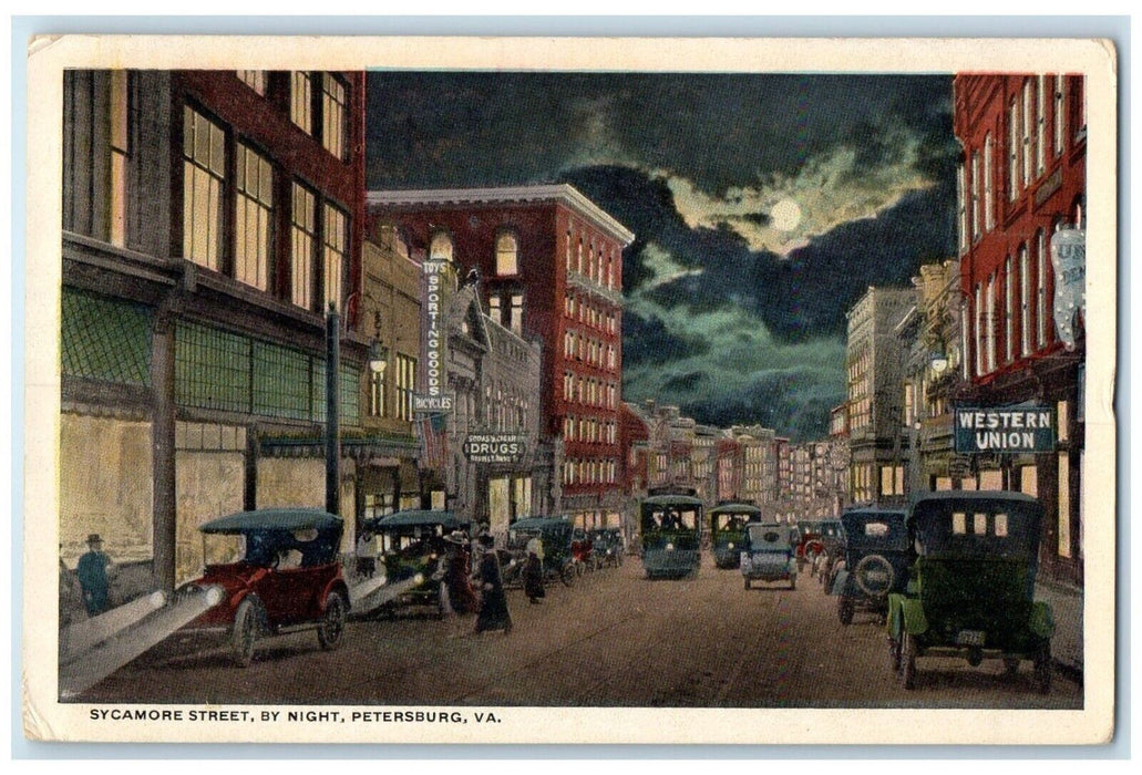 c1930's Sycamore Street By Night Drug Store Cars Petersburg Virginia VA Postcard