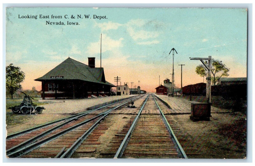 c1910's Looking East From C & N W Depot Train Station Nevada Iowa IA Postcard