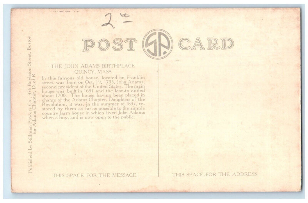 c1910 Exterior View John Adams Birthplace Quincy Massachusetts Unposted Postcard