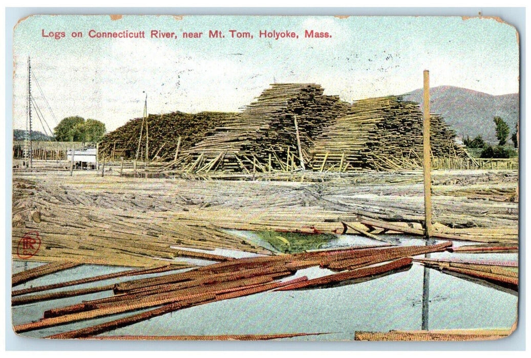 1909 Logs Connecticut River Mt Tom Holyoke Massachusetts Posted Vintage Postcard