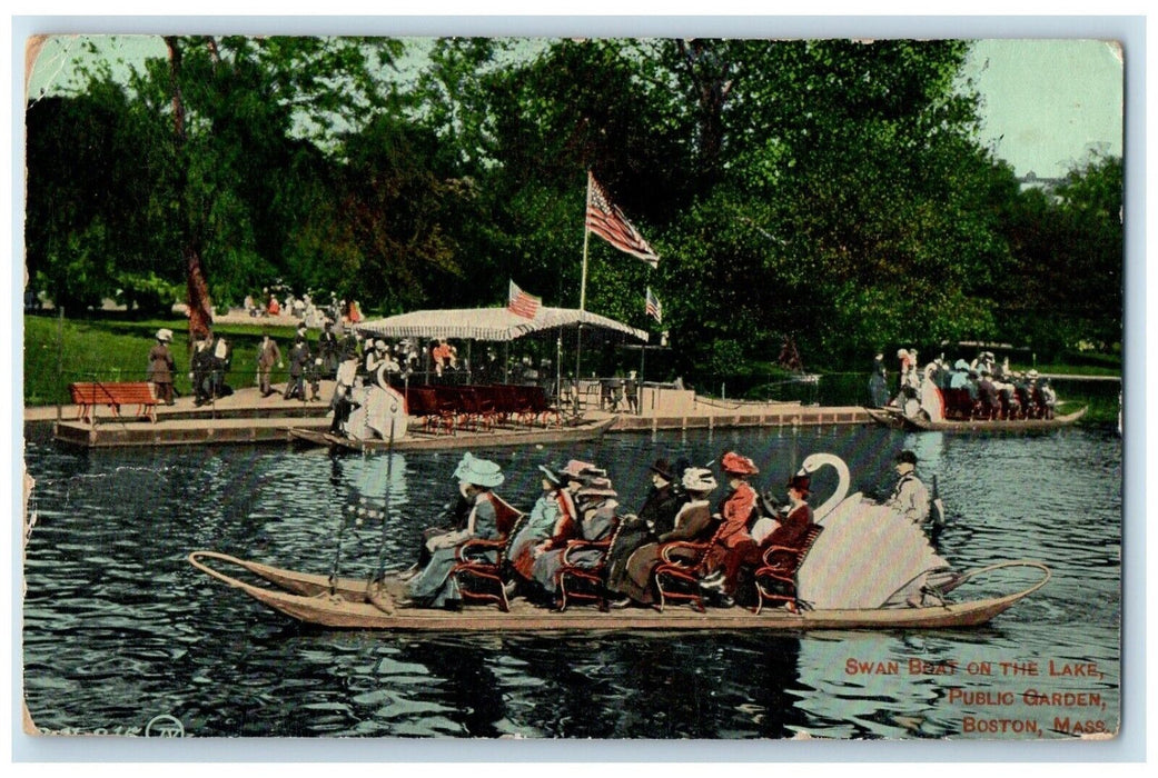 1910 Canoeing Swan Boat Lake Public Garden Boston Massachusetts Vintage Postcard