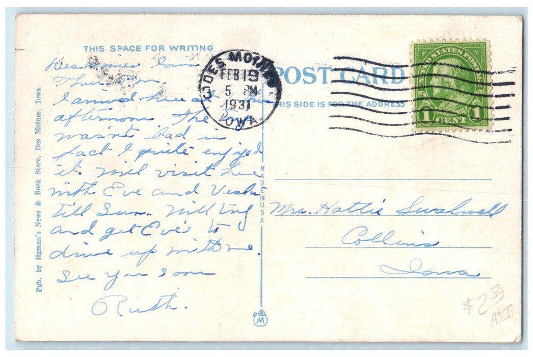 1931 Union Station Cars Des Moines Iowa IA Posted Vintage Postcard