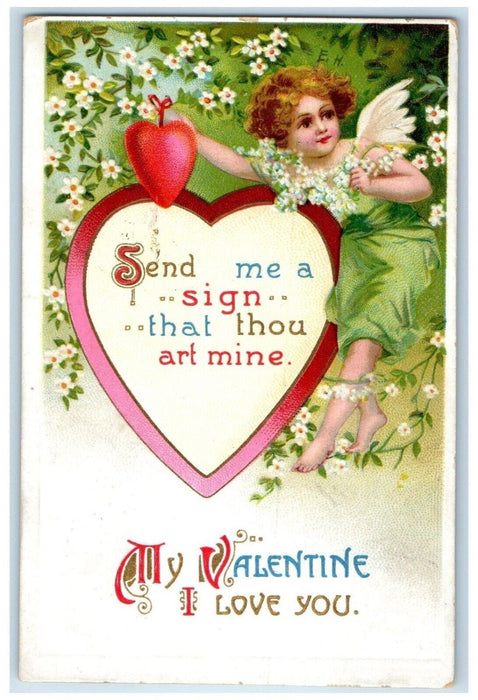 1912 Valentine Little Angel Heart White Flowers Clapsaddle Embossed Postcard
