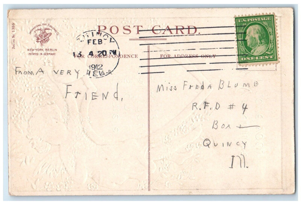 1912 Valentine Little Angel Heart White Flowers Clapsaddle Embossed Postcard