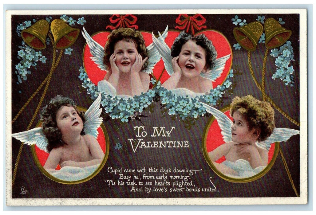 c1910's Valentine Cute Angels Hearts Ringing Bells Flowers Tuck's Postcard