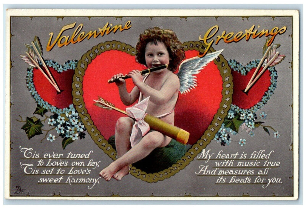 c1910's Valentine Greetings Cupid Angel Hearts Flowers Tuck's Antique Postcard