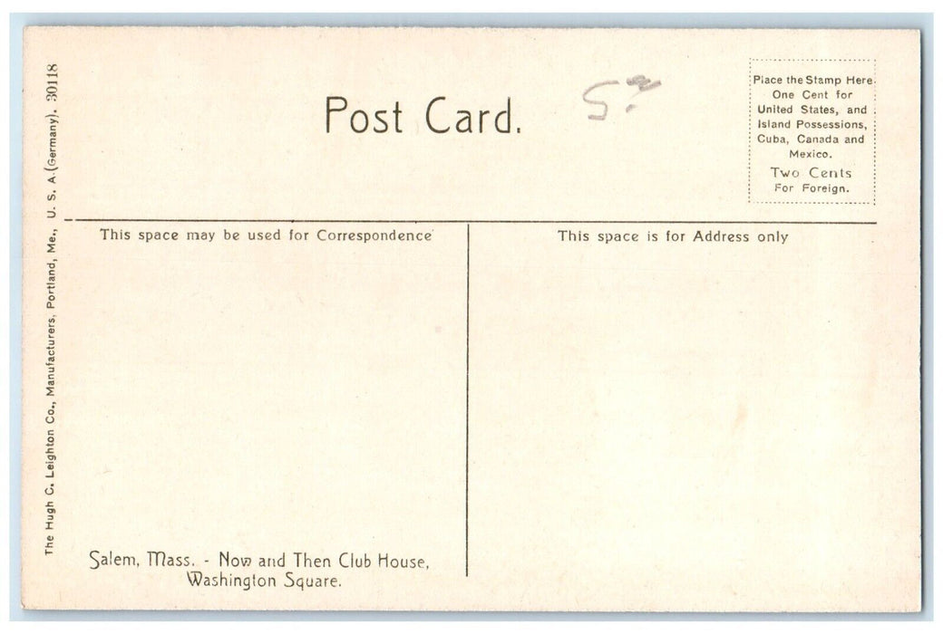 c1910 Now Then Club House Washington Square Salem Massachusetts Vintage Postcard