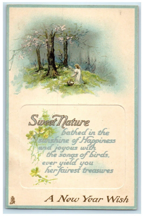 c1910's New Year Sweet Nature Trees Scene Embossed Tuck's Antique Postcard