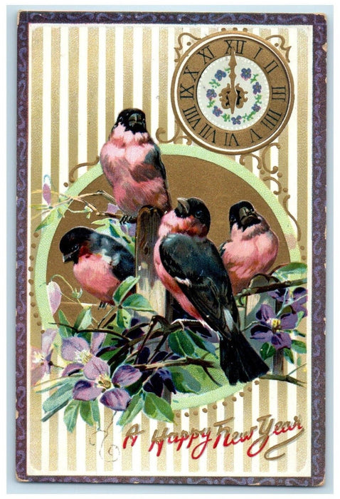 1912 Happy New Year Song Birds Flowers Clock Embossed Rockville CT Postcard