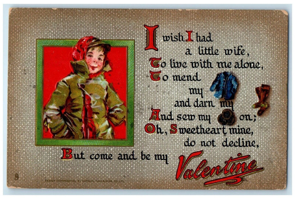 c1910's Valentine Boy Wishing Little Wife Embossed Tuck's Antique Postcard