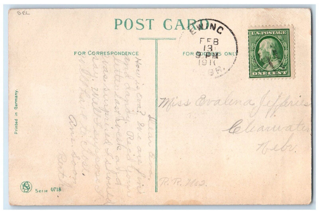 1911 Valentine Little Girl With Big Hat Flowers Heart Clearwater NE Postcard