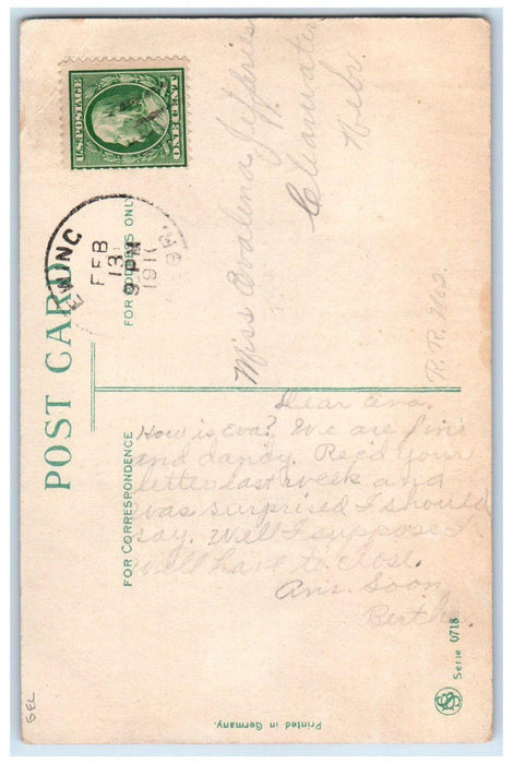 1911 Valentine Little Girl With Big Hat Flowers Heart Clearwater NE Postcard