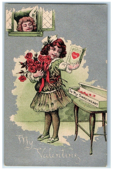 Valentine Cupid Angel Girl Flowers And Letter Overprint Chicago IL Postcard