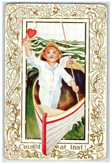 c1910's Valentine Cupid Angel Boat Heart Embossed Posted Antique Postcard