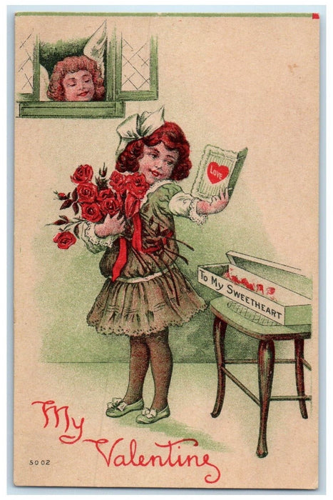 c1910's Valentine Cupid Angel On Window Girl With Flowers Letter Posted Postcard