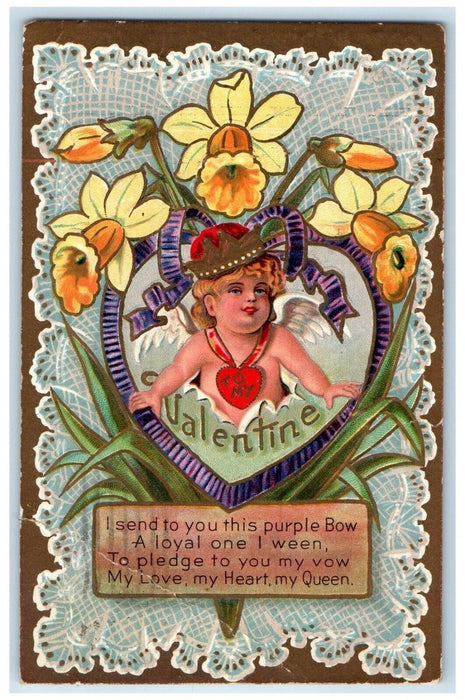 1911 Valentine Heart Cupid Angel Flowers Embossed Red Wing Minnesota MN Postcard