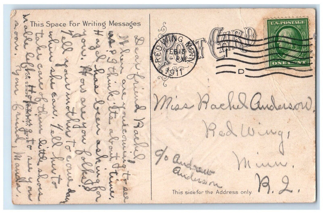 1911 Valentine Heart Cupid Angel Flowers Embossed Red Wing Minnesota MN Postcard