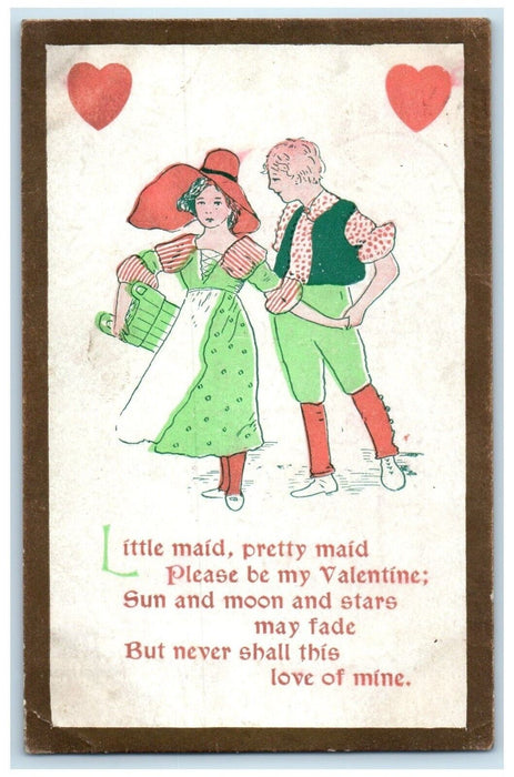 1911 Valentine Pretty Maid Big Hat Hearts Lakeville Minnesota MN Posted Postcard