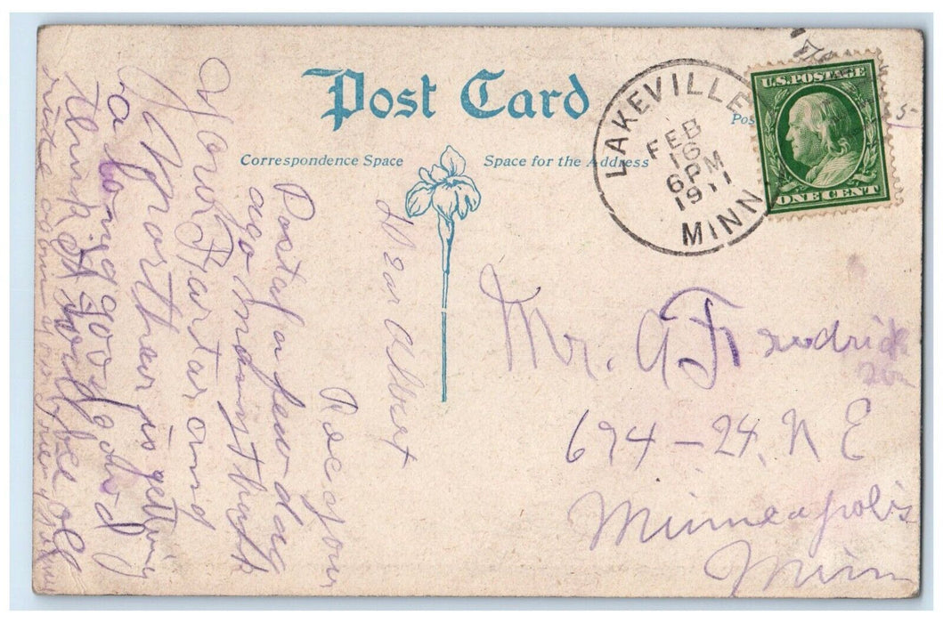 1911 Valentine Pretty Maid Big Hat Hearts Lakeville Minnesota MN Posted Postcard