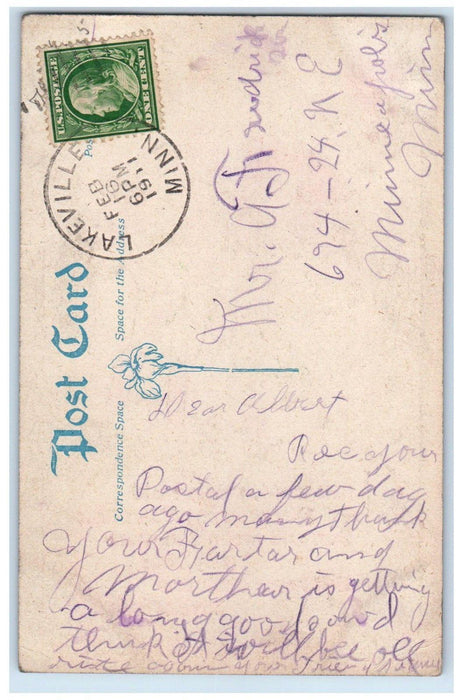 1911 Valentine Pretty Maid Big Hat Hearts Lakeville Minnesota MN Posted Postcard