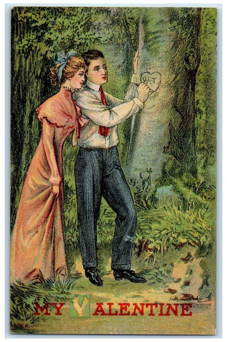 c1910's Valentine Couple Romance Engraving Heart On Tree Antique Postcard