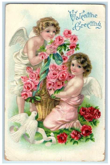 1909 Valentine Greetings Cupid Angel Roses Flowers Dove Embossed Posted Postcard