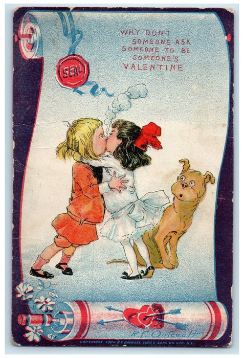 c1905 Valentine Little Sweetheart Kissing Romance Seal Dog Antique Postcard