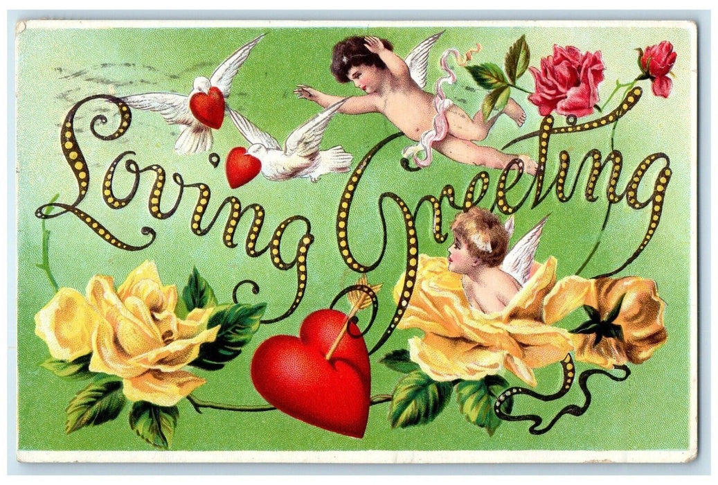 1910 Loving Greetings Cupid Angel Flowers Heart Embossed Winona MN Postcard