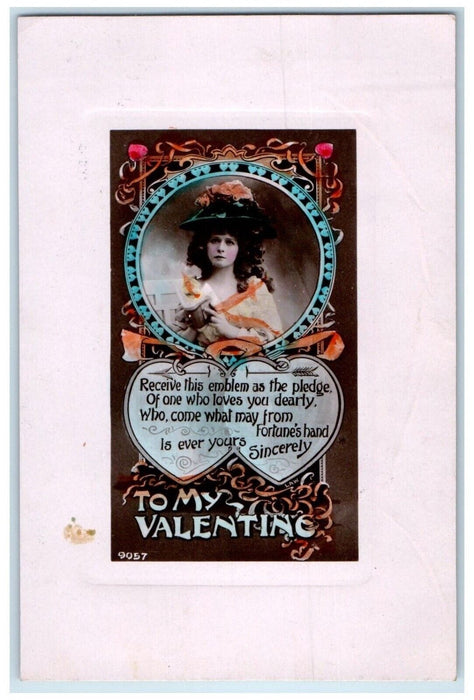 1910 Valentine Hearts Woman Big Hat Embossed Minneapolis MN Antique Postcard